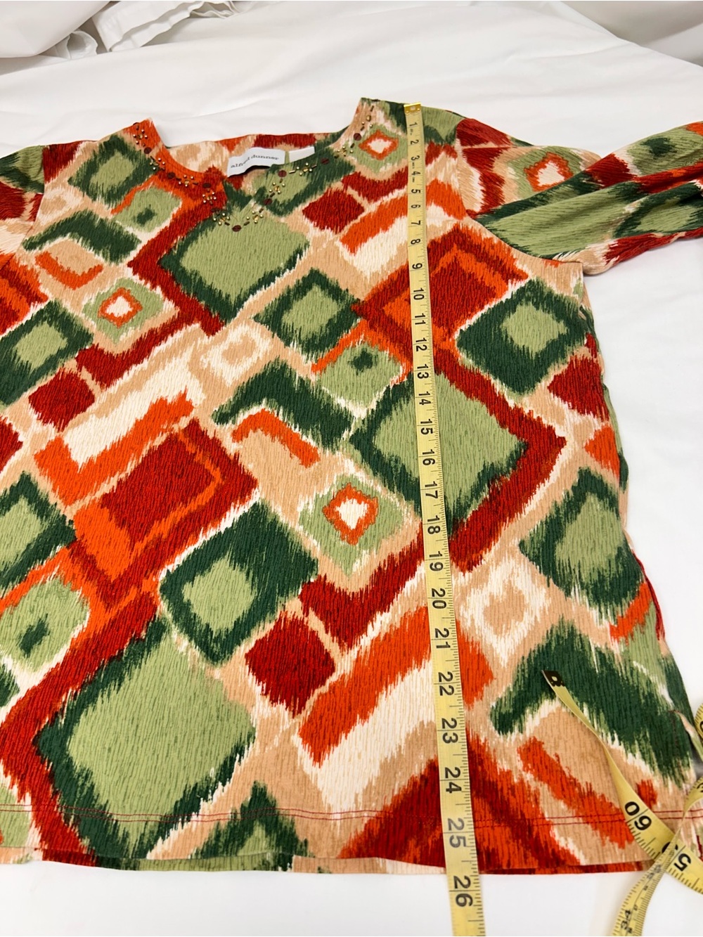 Alfred Dunner Green, Orange & Cream Geometric 3/4 Sleeve Tunic Size Large - Picture 7 of 9